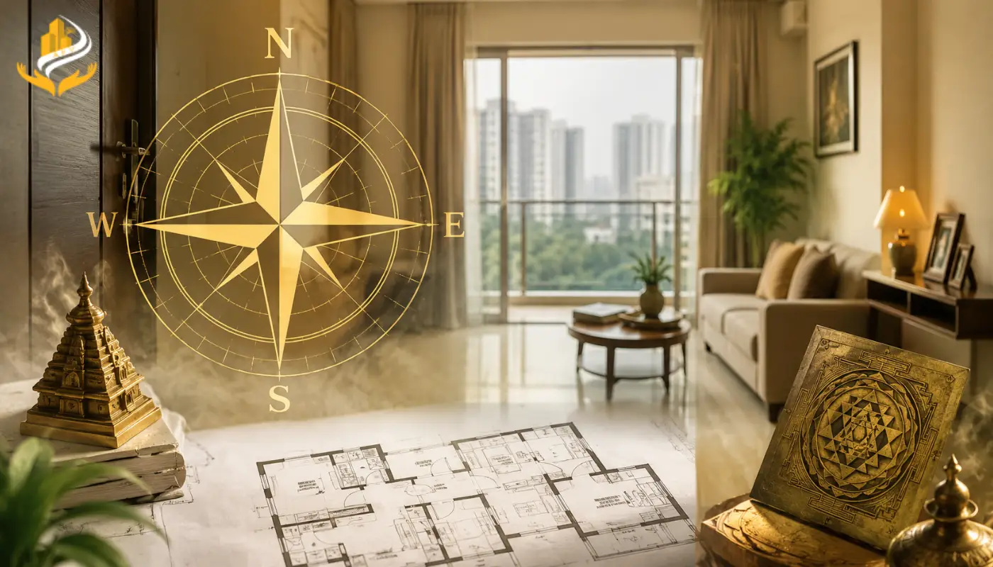 Hands holding a Vastu compass in a modern luxury apartment living room to evaluate directional alignment and layout defects.