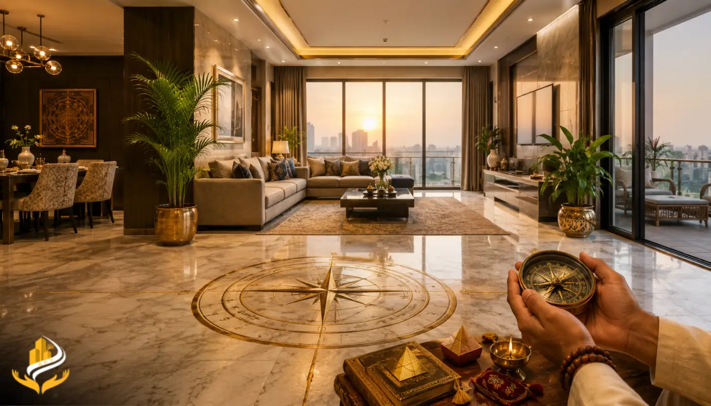 Hands holding a brass compass in a luxury living room to check for directional alignment and Vastu defects in apartments.