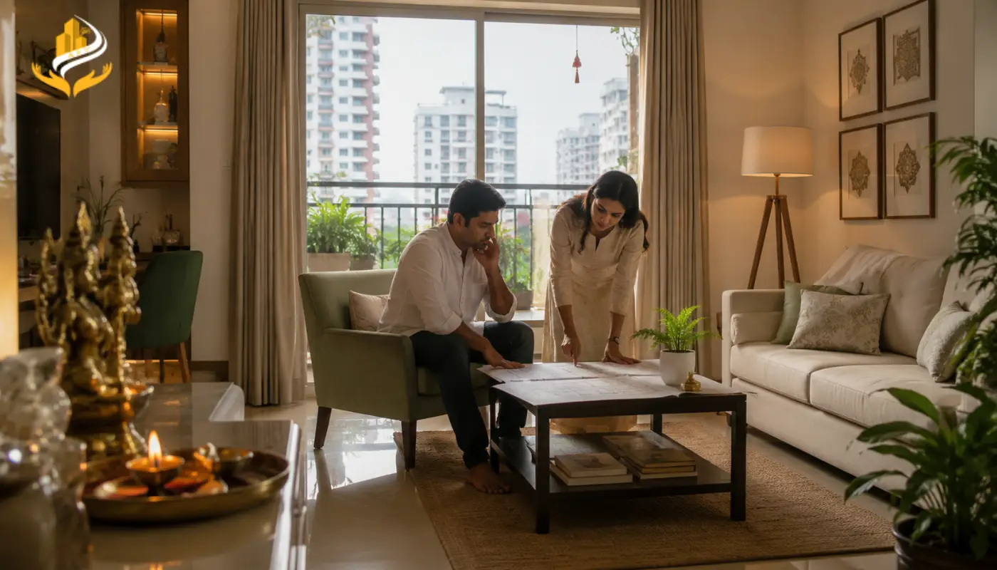 A couple in a living room analyzing a floor plan to identify potential Vastu defects in apartments.