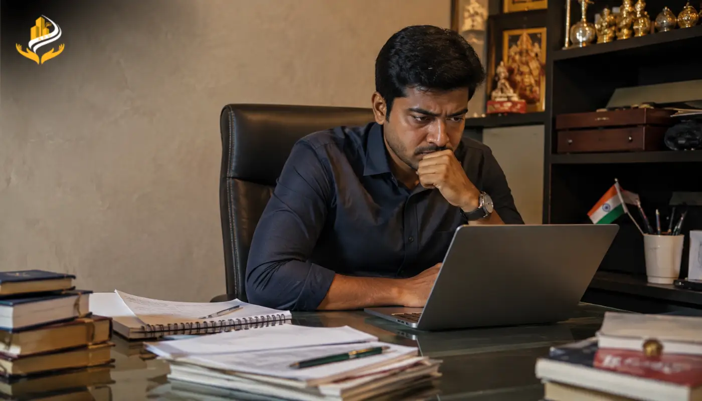 Stressed businessman working late at a desk, representing career hurdles and financial instability linked to Rahu Ketu malefic effects.