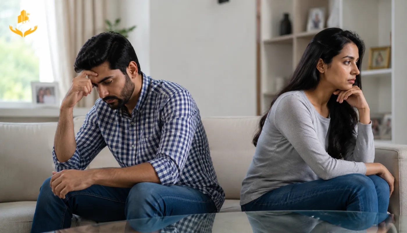 Distressed couple sitting apart on a sofa, illustrating relationship conflicts and mental stress caused by Rahu Ketu Dosha.