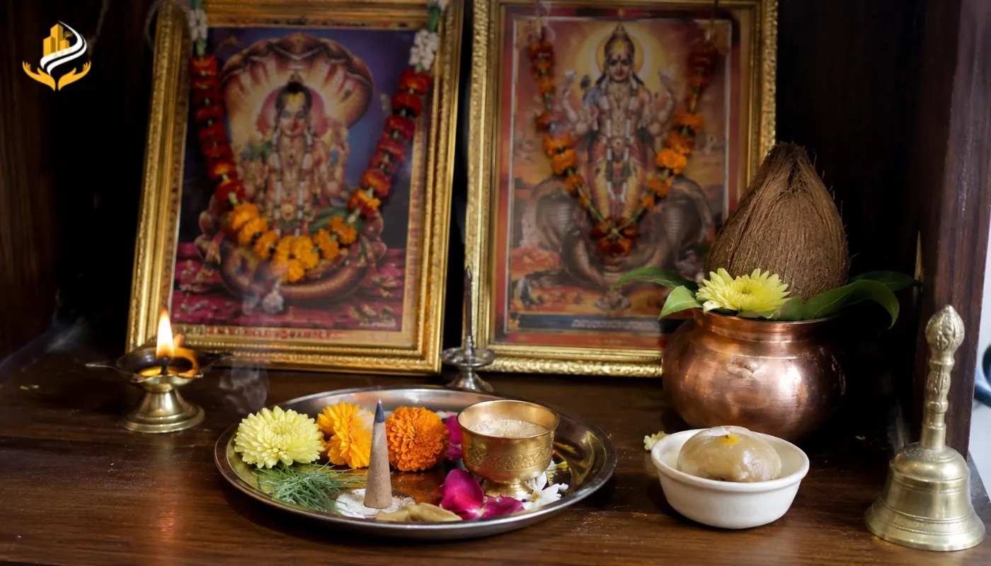 Sacred altar space prepared with deity portraits, burning incense, lit diya, and kalash for performing Rahu Ketu Dosha remedy rituals.